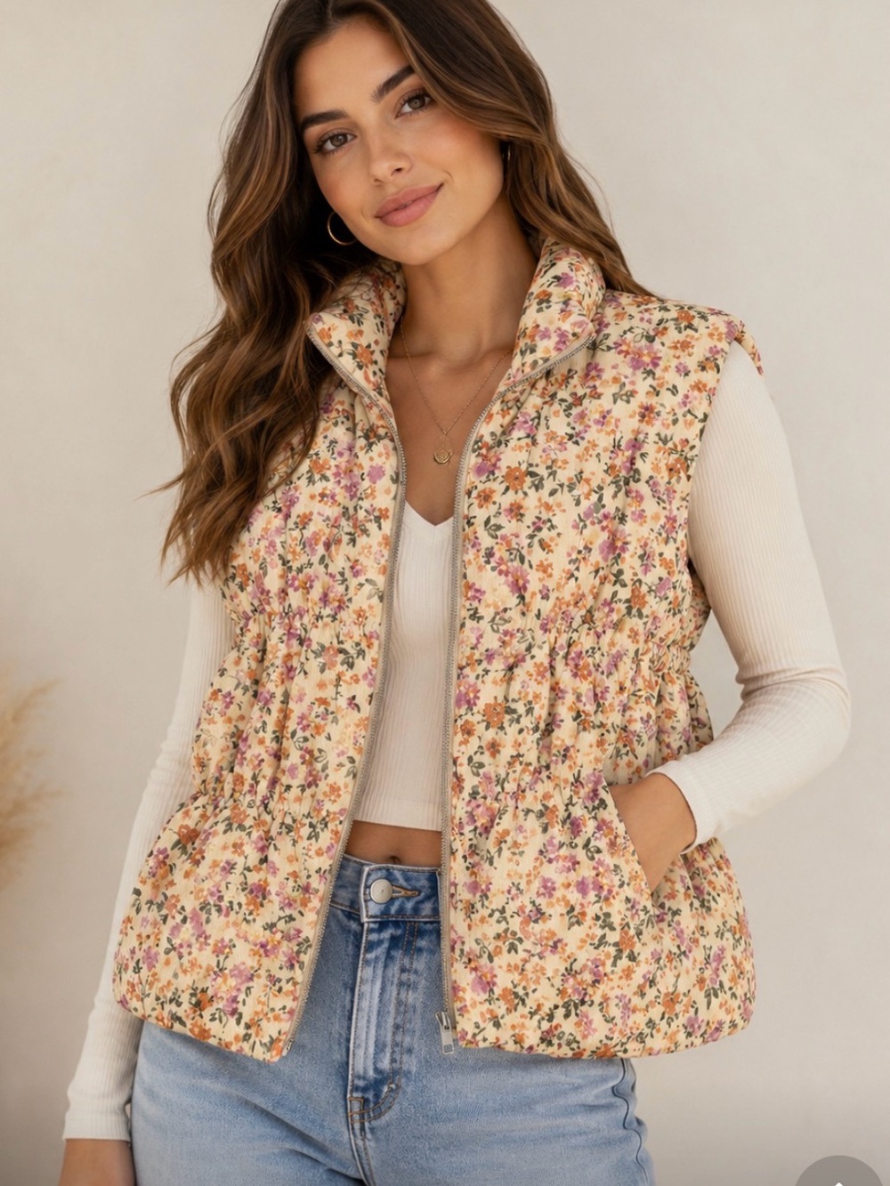 Floral corduroy Quilted Puffer Vest - Cream Pink & Orange small